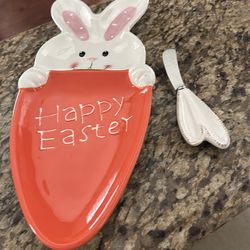 New Happy Easter Bunny Plate & Bunny Ears Cheese Knife