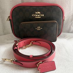 Coach Jamie Camera Bag In Signature Canvas Brown/ Watermelon plus matching wallet E2(contact info removed)