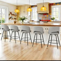 LUE BONA 26''H Swivel Bar Stools Set of 5, Counter Height Bar Stools with Backs, Lumbar Pillow and Black Metal Frames, Upholstered Morden Barstools fo