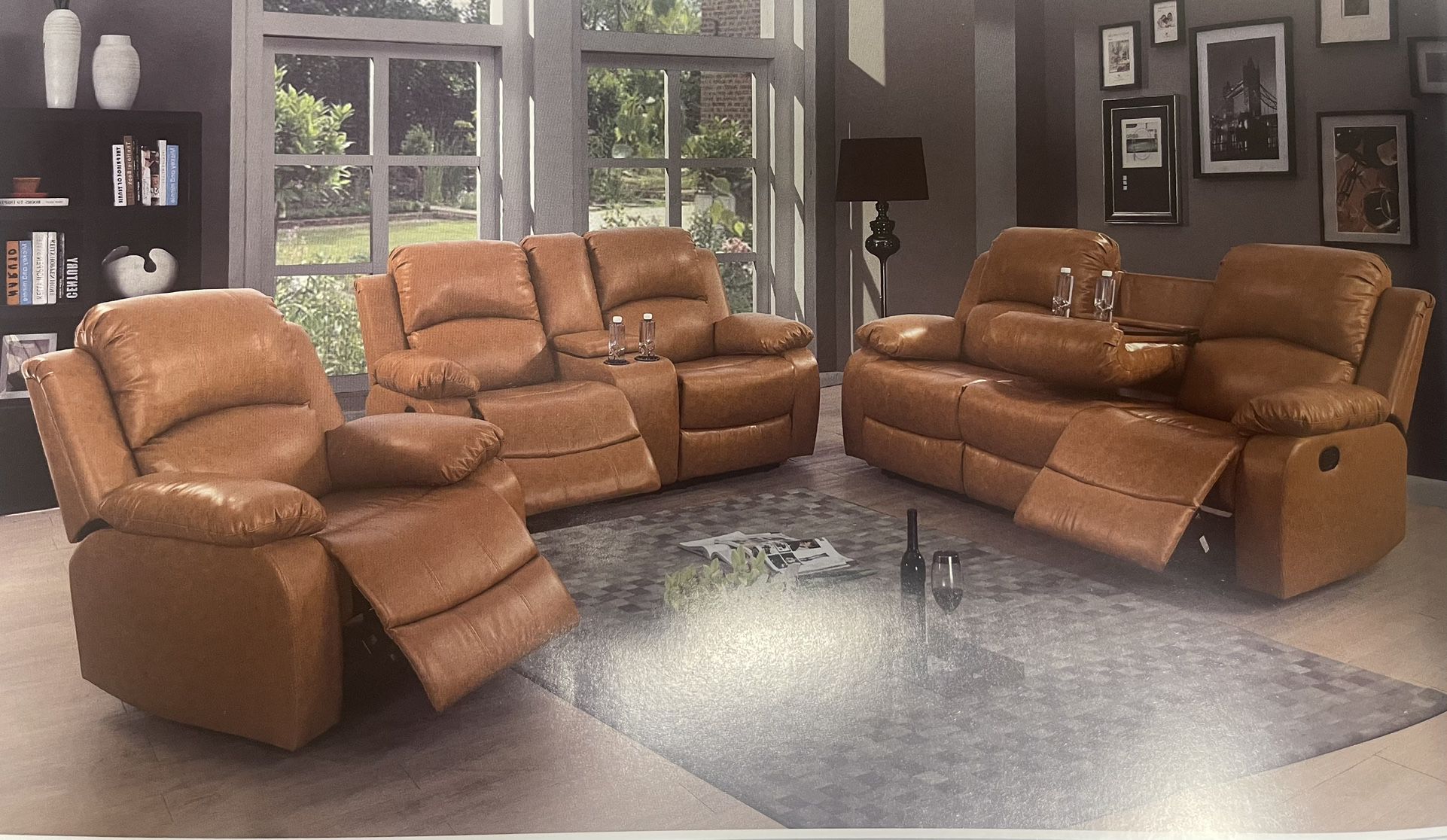 Carmel Leather Fully Reclining Three Piece Couch Set 