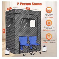 2 Person Portable Steam Sauna for Home, 1 or 2 Person Full Body Sauna Tent with 2 Foldable Chairs,9 Levels of Sauna Box with Remote Control, Black
