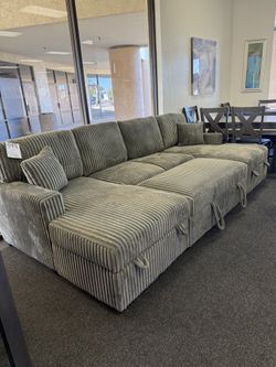 Grey Corduroy Double Chaise Sectional With Storage Chaise And Pull Out Bed 