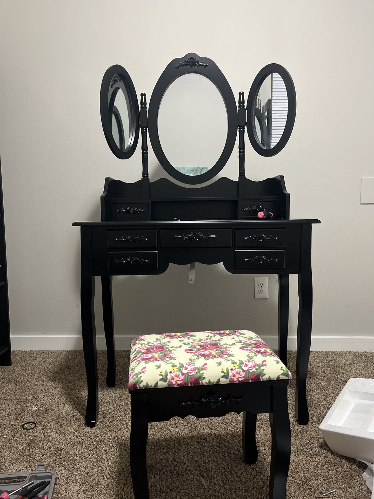 black wood vanity desk with mirrors