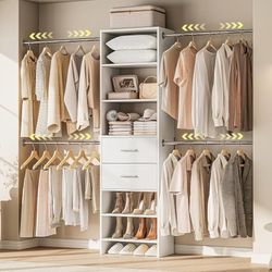 B661 $90 W2 Closet System with 2 Drawers, 3.5FT-7.7FT Closet Organizer System with 4 Chrome-Plated Telescopic Rods & 5 Adjustable Shelves, Custom Woo