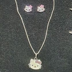 Silver And Cz Hello Kitty Necklace And Earings