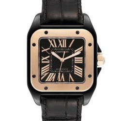 Cartier Santos Black Roman Dial & 18k Rose Gold Bezel, Black Leather, Watch & Box Only