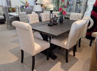 Black Dining Table + 6 Beige Chairs