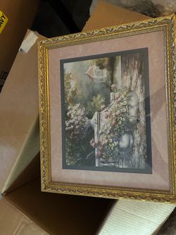 Vintage 1980s Gazebo Garden Art Frame | Framed Cottagecore Floral Landscape, Gold Frame Wall Decor