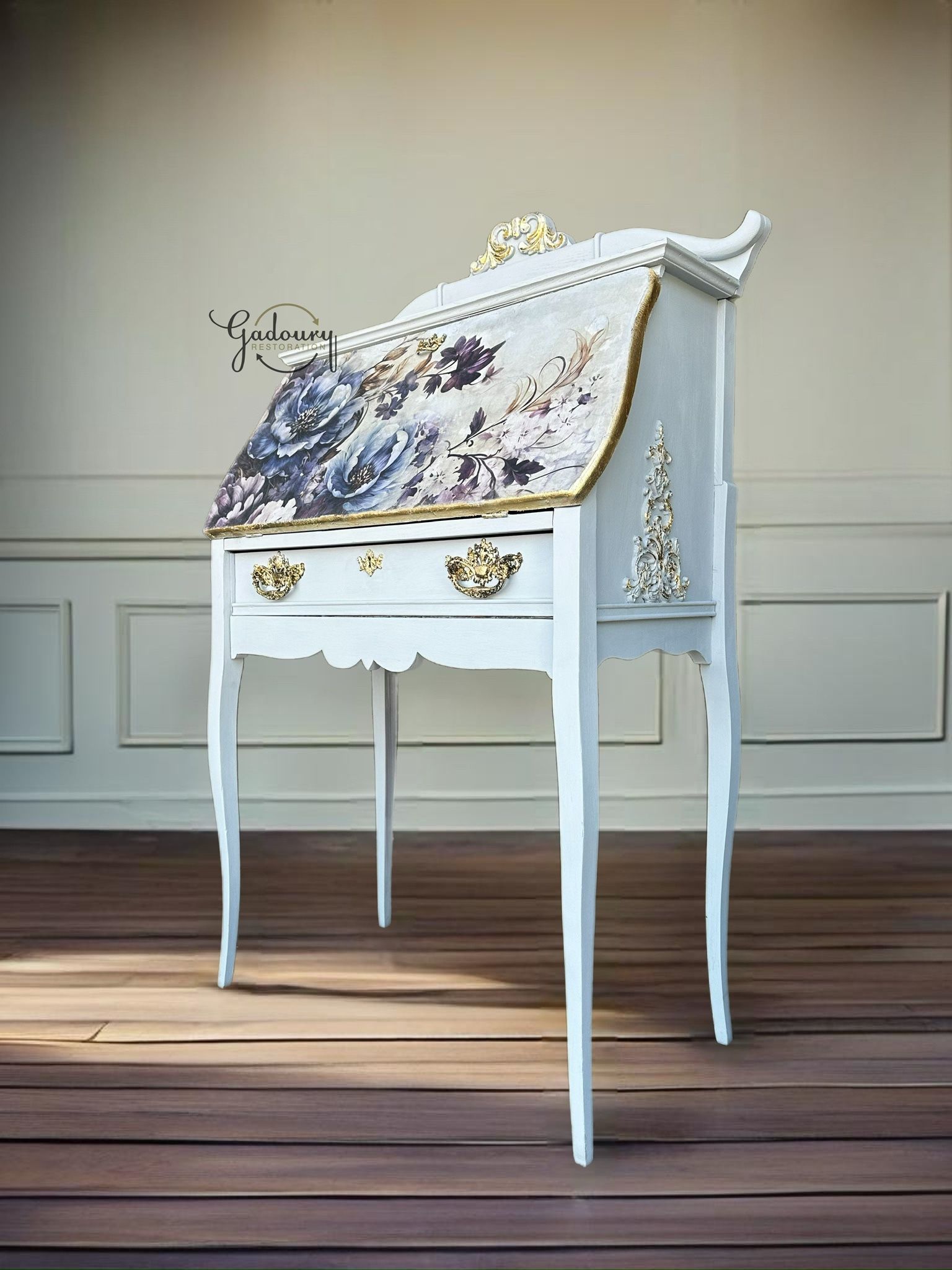 Blue Tiger Oak Gold Floral Antique French Small Secretary Desk