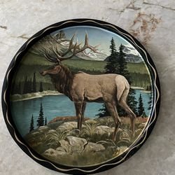 Vintage James L. Artig Elk Deer 11” Serving Metal Bar Tray/Wall Decor