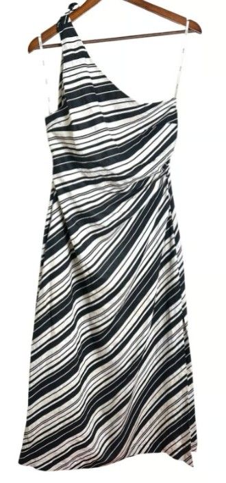 Kivari One Shoulder Black White Stripe Maxi Dress US 6 Linen Cotton 51" Slit
