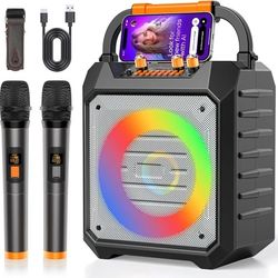 Karaoke Machine w/2 Wireless Microphones Bluetooth Karaoke Speaker & PA System BT/TF/USB/AUX/FM (New