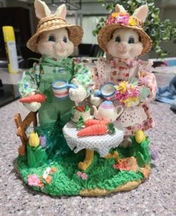 Fabric Mache Easter Bunny Couple Tea Garden  Decoration 9 In Heigh