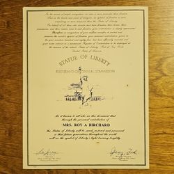 STATUE OF LIBERTY 1985 Ellis Island Centennial Commission Certificate

