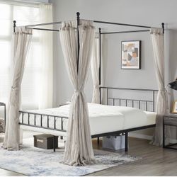 Metal Canopy Platform Bed Frame Four-Poster Canopied Bed Mattress Foundation with Headboard and Footboard Sturdy Slatted Structure No Box Spring Neede