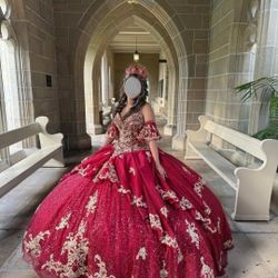Quincean̈era Dress  Burgundy And Gold