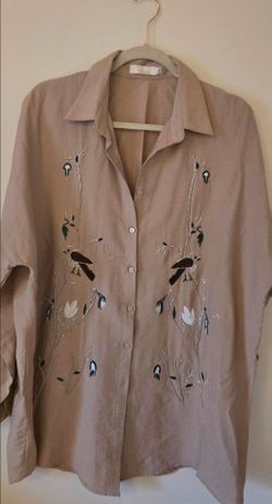 Embroidered Bird Button-Down Oversized Shirt