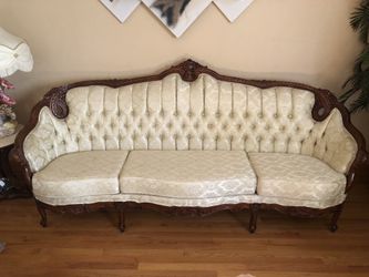 3 piece antique cherry wood sofas, tables and lamps