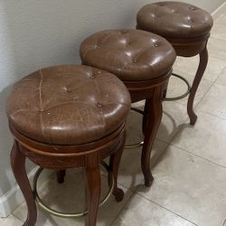4 Bar Stools, Wood, Brass And Leather