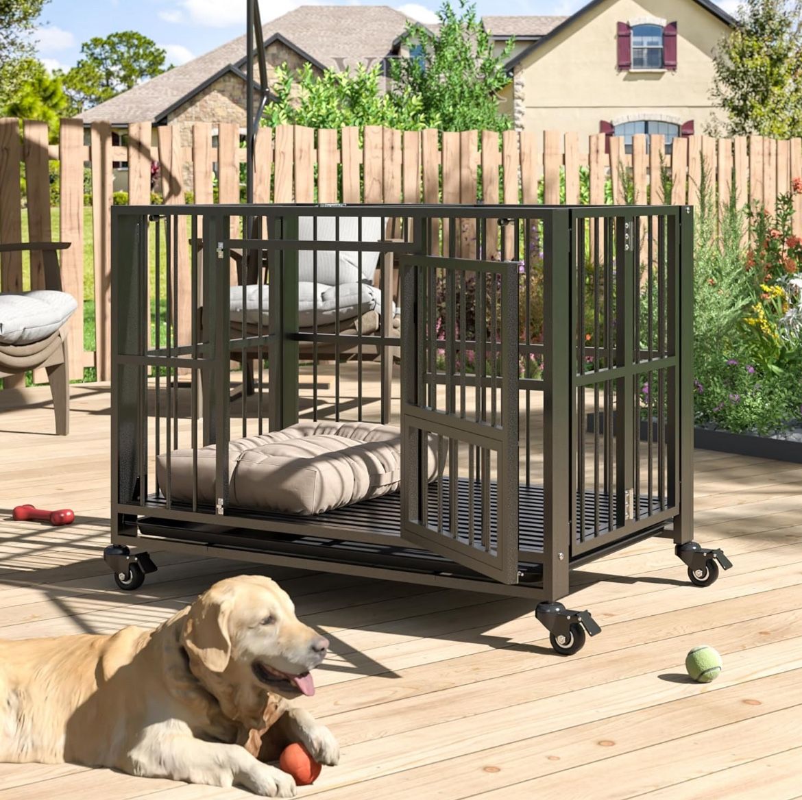 38 inch Heavy Duty Dog Crate, Folding Dog Kennel No Assembly, Escape Proof Large Dog Cage Kennel with Lockable Wheels, High Anxiety Pet Play