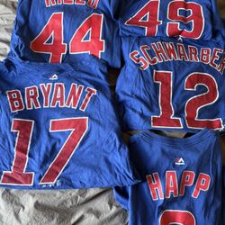 Chicago Cubs Large Majestic player tshirts with player name plate and number , $10 each cash, Schwarber, Rizzo, Happ, Arrieta and Bryant . No delivery