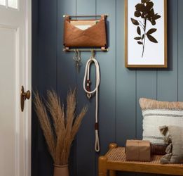 Wall-Mounted Leather Mail Organizer with Hooks