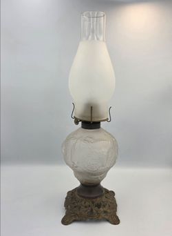 Antique Victorian EAPG Embossed Frosted Glass Owl Oil Lamp 17" Vintage