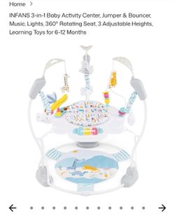 INFANS 3-in-1 Baby Activity Center, Jumper & Bouncer, Music, Lights, 360° Rotating Seat, 3 Adjustable Heights, Learning Toys for 6-12 Months