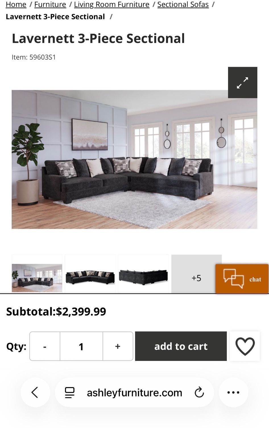 Lavernett 3-Piece Sectional Couch - Plush Fabric - Very Clean - Dark Charcoal Gray Black ⚫️ - Can Deliver