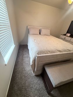 White Wood Sleigh Bed Frame, Queen Mattress and Box Spring