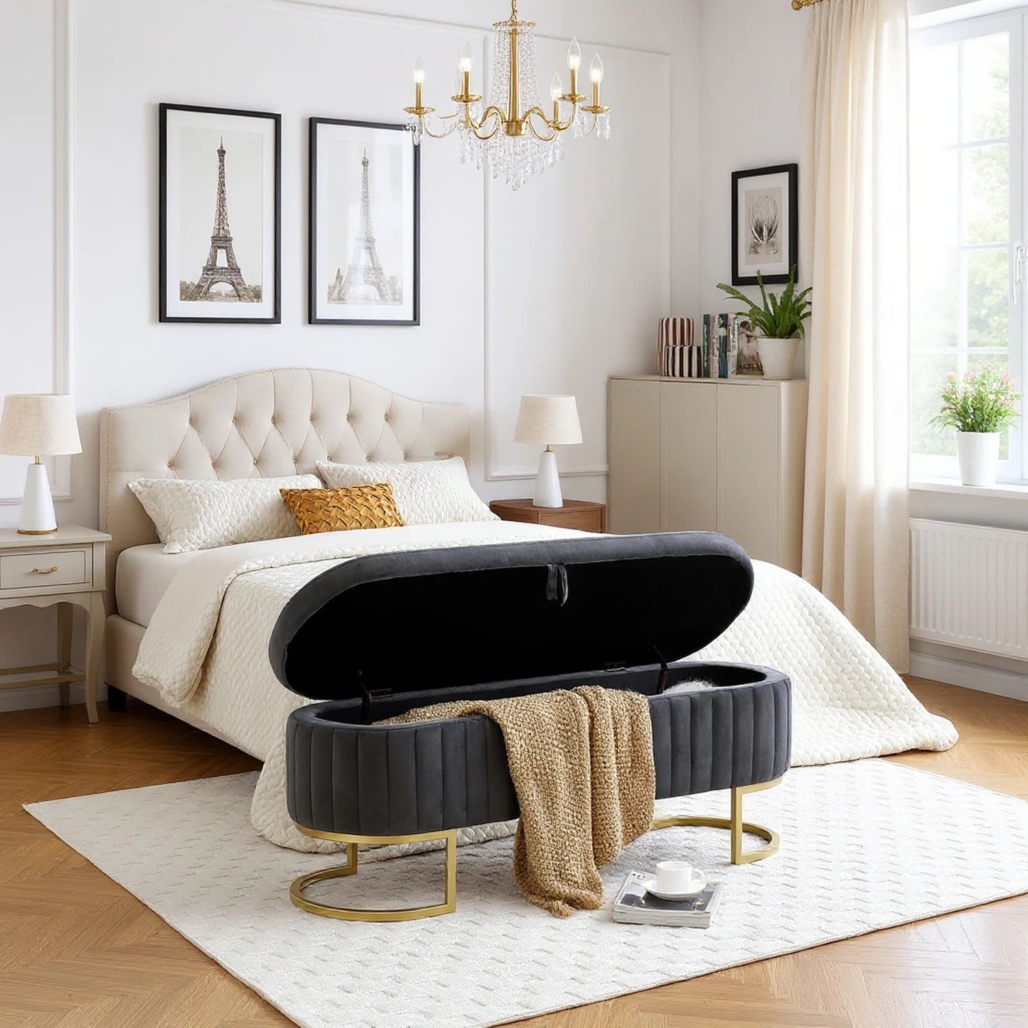 Homy Casa Yosemite 48 Inch Velvet Storage Ottoman Bench, Grey