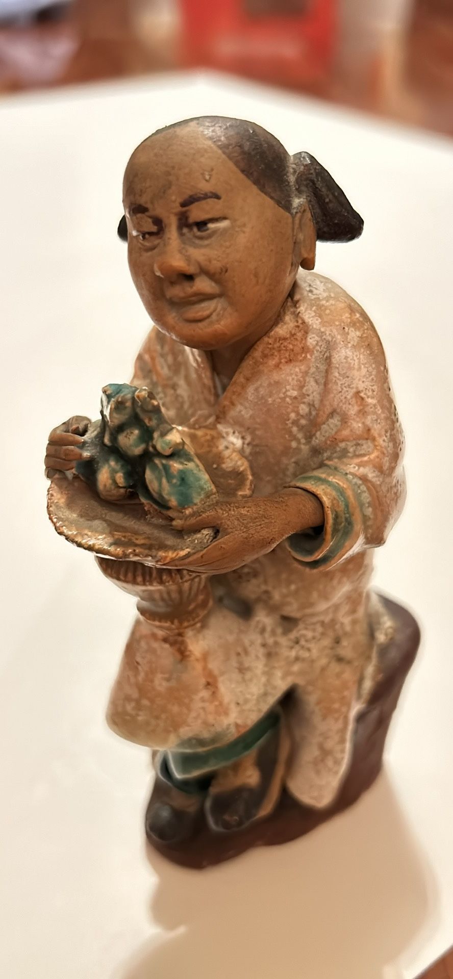 Chinese Mud Man W Veggies? Robe 5.5"  glaze Clay Pottery marked China Mudman b