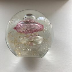 Vintage Glass Paperweight with Controlled Bubble, Pick Mushroom, Gold Flecks – 3.5“ Diameter