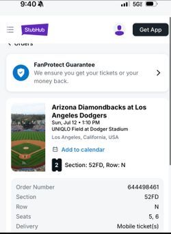 ⚾ Dodgers vs. Diamondbacks Today – 2 Seats Together | Section 52FD | Row N