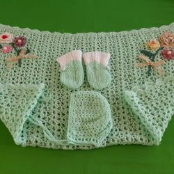 Crochet Blanket  W/Bonnet and Booties 