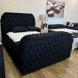 Tufted Bedroom, Black Velvet Bedroom Set , Tv stand.  Fireplace , 
