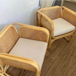 Pair of Vintage Caned Chairs with Cream Cushions [OPEN TO OFFERS]
