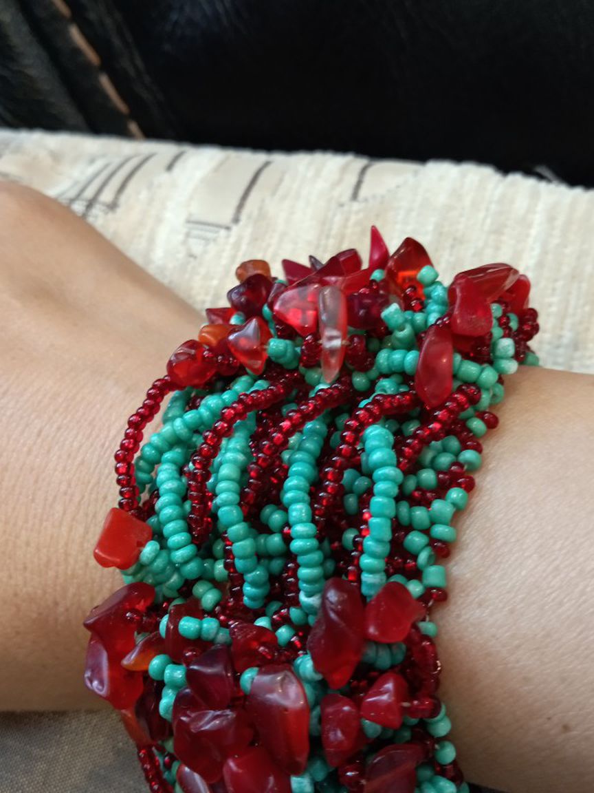 Turquoise Bracelet With Red Stone. Handmade By Waxed String Crochet. Sizeable From 6" To 8 " Wrist.