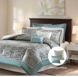 Regency Heights 8 Pieces Jacquard Comforter Set with Bedskirt and Decor Pillows, Queen, Teal
