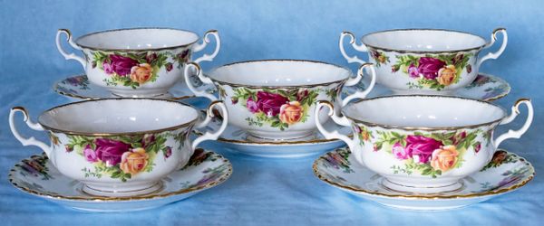 Royal Albert Old Country Roses Two-Handled Cream Soup Bowls W/ Saucers