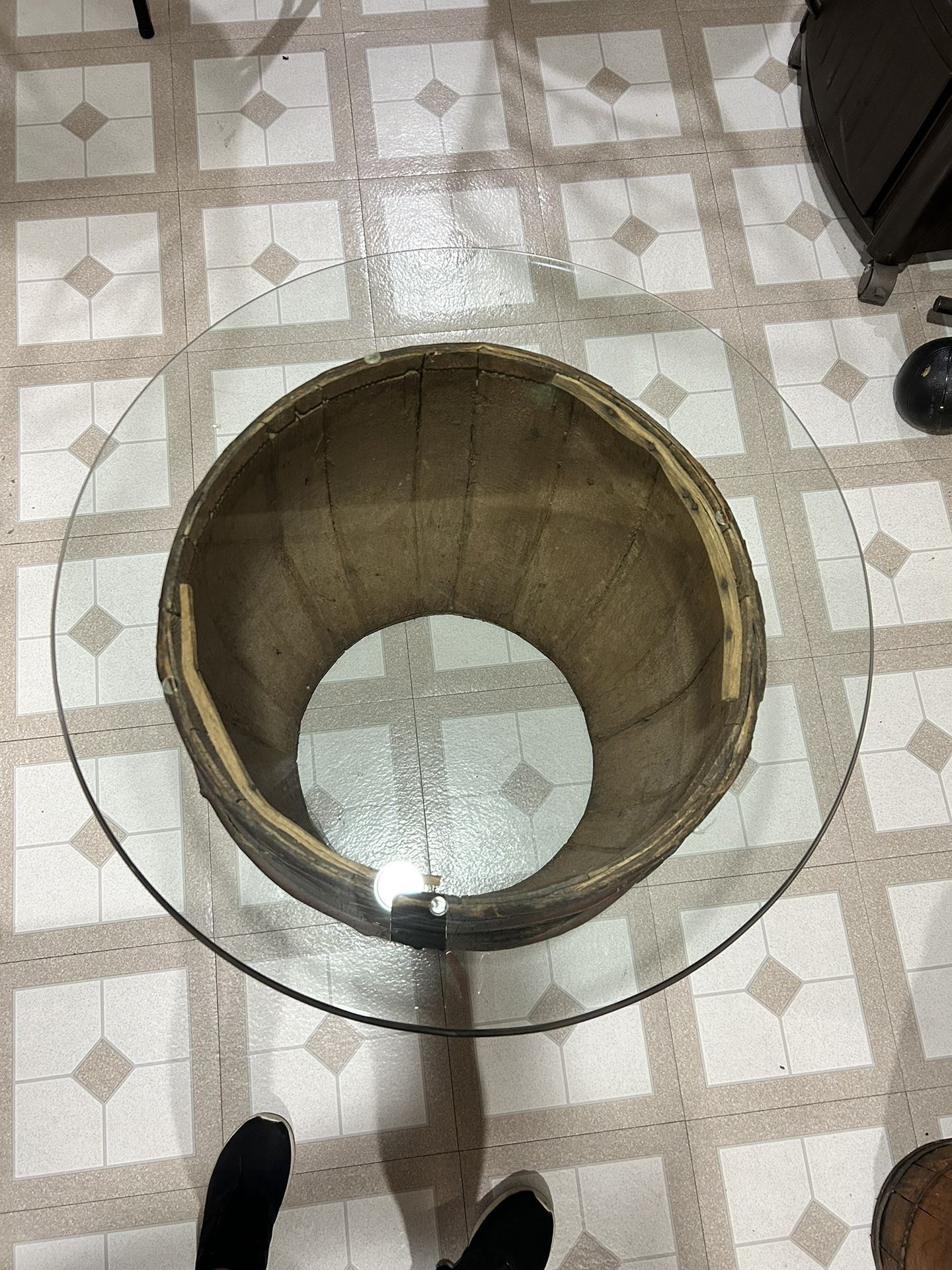 Vintage Antique Whiskey Barrel W/ Round Beveled Glass Top