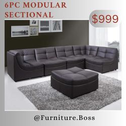 6pc Brown Leather Modular Sectional - Modern Style Sofa
