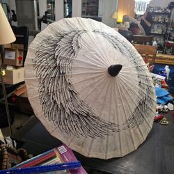 Unique Vintage Paper & Bamboo Parasol Light Beige W/Hand-painted Script 19" Closed 33" Open Decorative Collectible