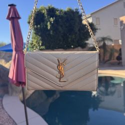 Authentic Yves Saint Laurent Grain de Poudre Leather Flap Wallet Crossbody Bag-Beige