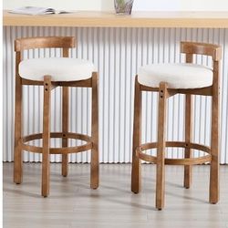 Linen Bar Stools Set of 2, 30" Bar Height Counter Stools with Solid Wood Frame Modern Curve Backrest Tall Bar Chairs for Home Bar Kitchen Island, Beig