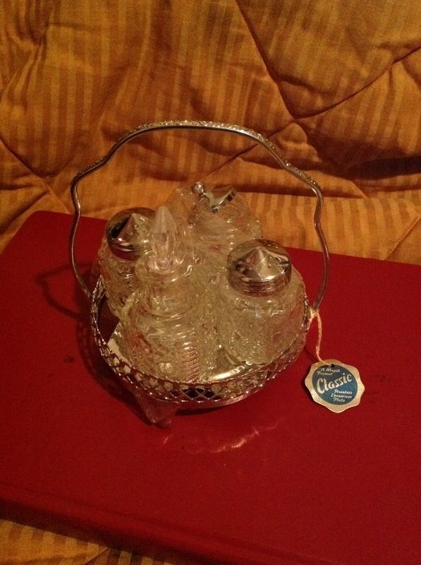 Beautiful Crystal salt pepper, sugar with small spoon and small decanter with top