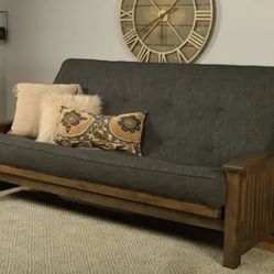  Futon Set in Rustic Walnut Finish with Linen Charcoal