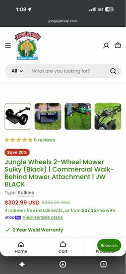 Jungle Wheels 2-Wheel Mower Sulky (Black)  Commercial Walk-Behind Mower Attachment