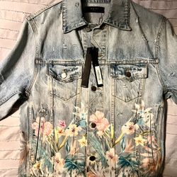 Amiri floral-detail distressed denim jacket