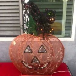 Halloween Decor Metal Black Cat On Pumking 